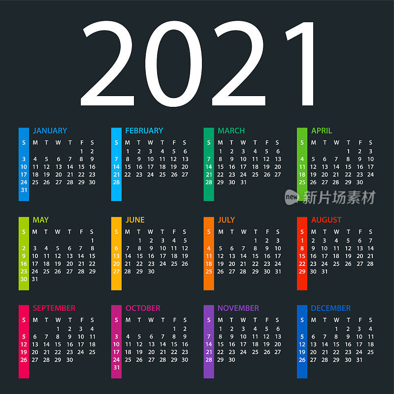 日历2021 -彩色矢量插图。一周从周日开始。暗的背景